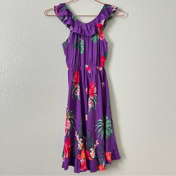 Hawaii Hangover Hibiscus Floral Print Wrap Ruffle Dress Pretty Tropical Purple - Picture 4 of 8